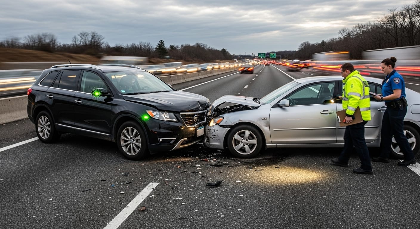 Blind-spot detection crash scene involving a lane-change accident on a busy highway