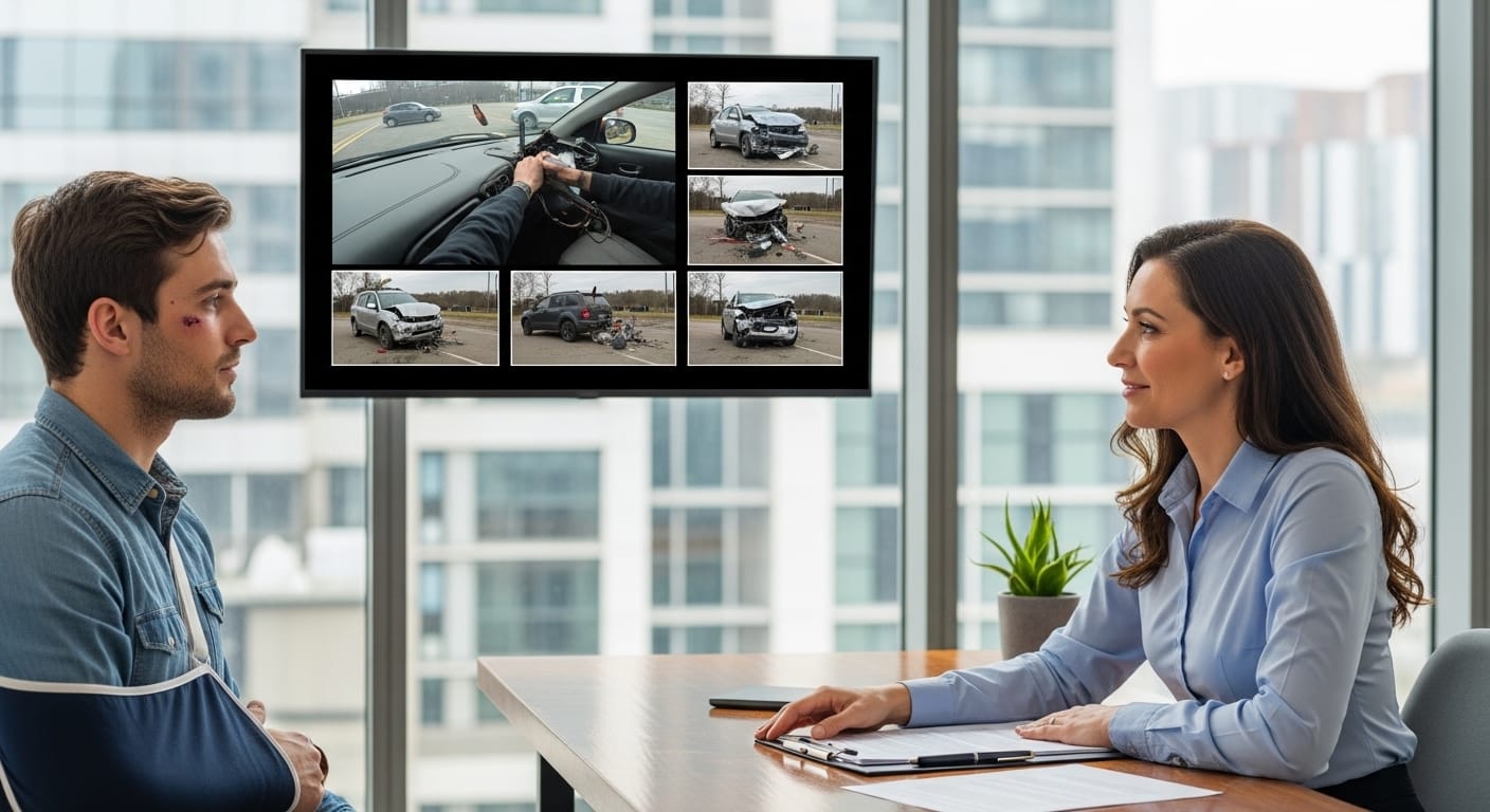 Crash victim reviewing roadside accident evidence with a personal injury attorney (2)