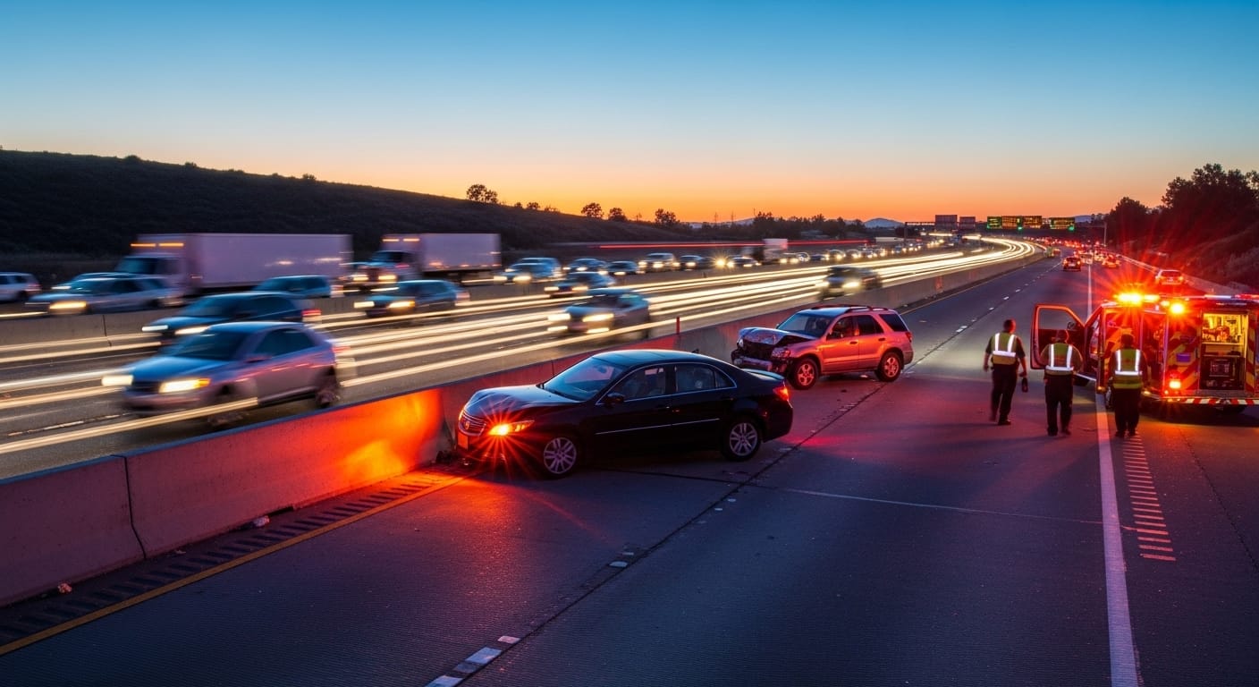 Disabled car with hazard lights on after a California roadside crash