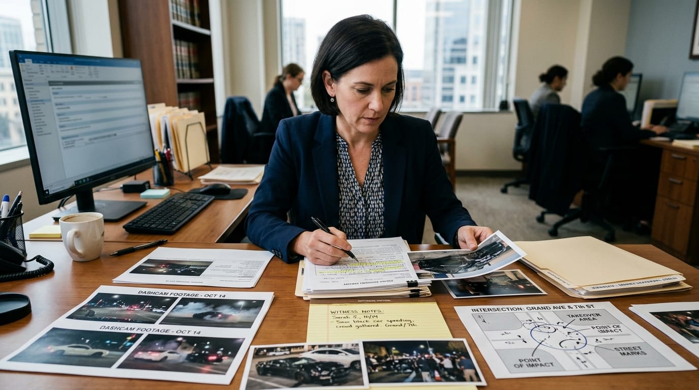 Attorney reviewing video and police evidence for a street takeover accident claim