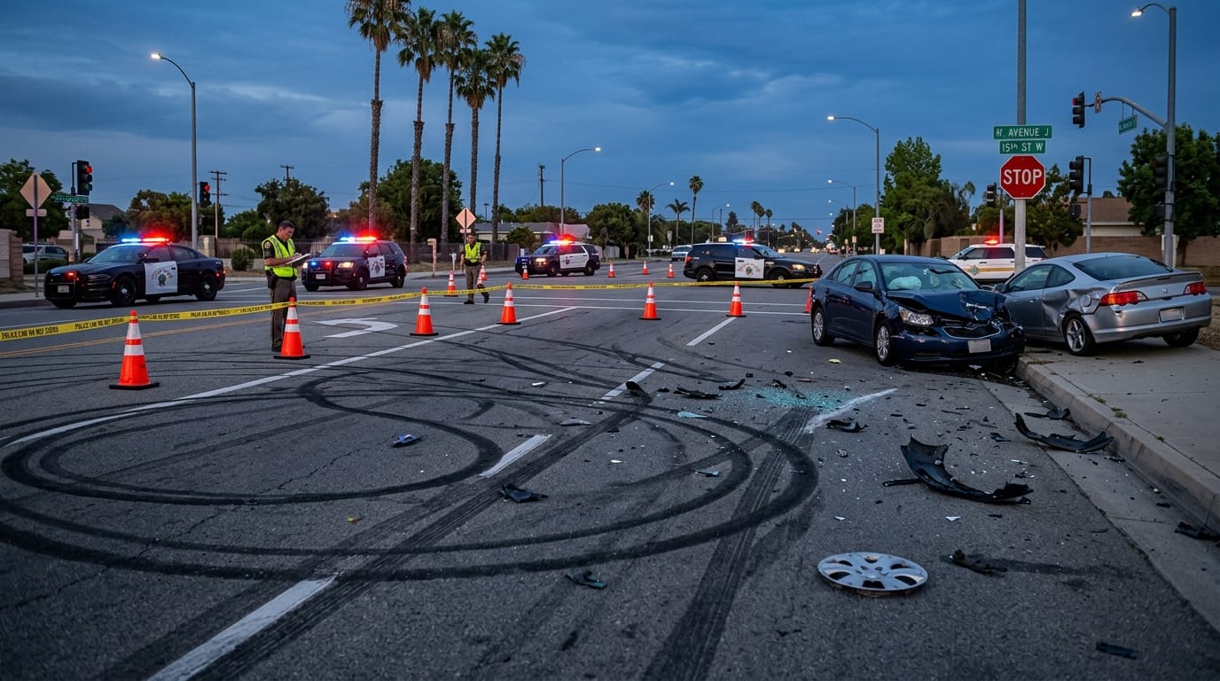Evidence scene after a street takeover accident at a California intersection
