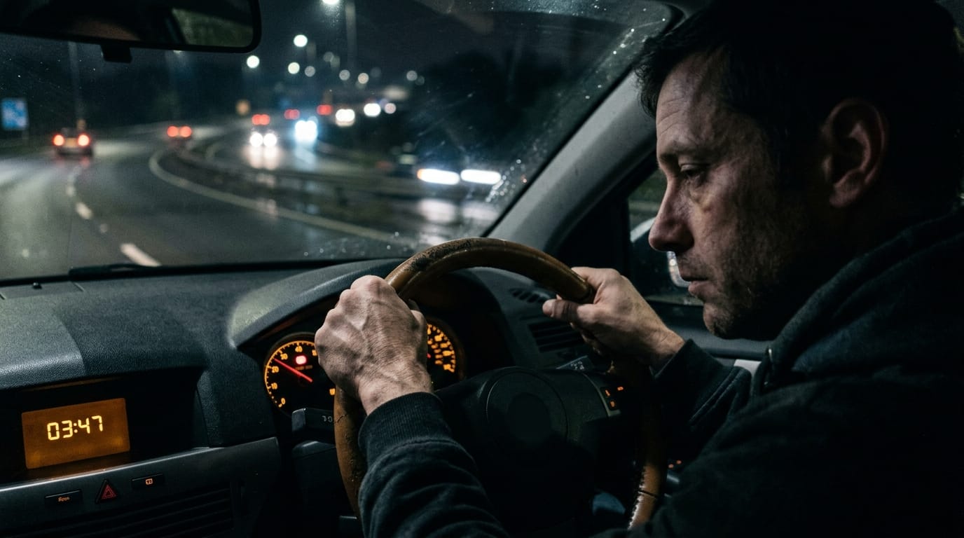 Tired driver showing signs of fatigue before a drowsy driving crash