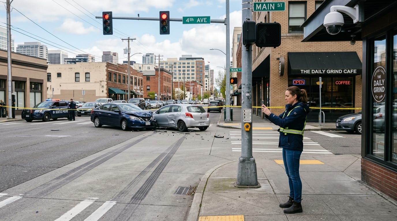 Accident victim documenting evidence for a video streaming while driving accident claim