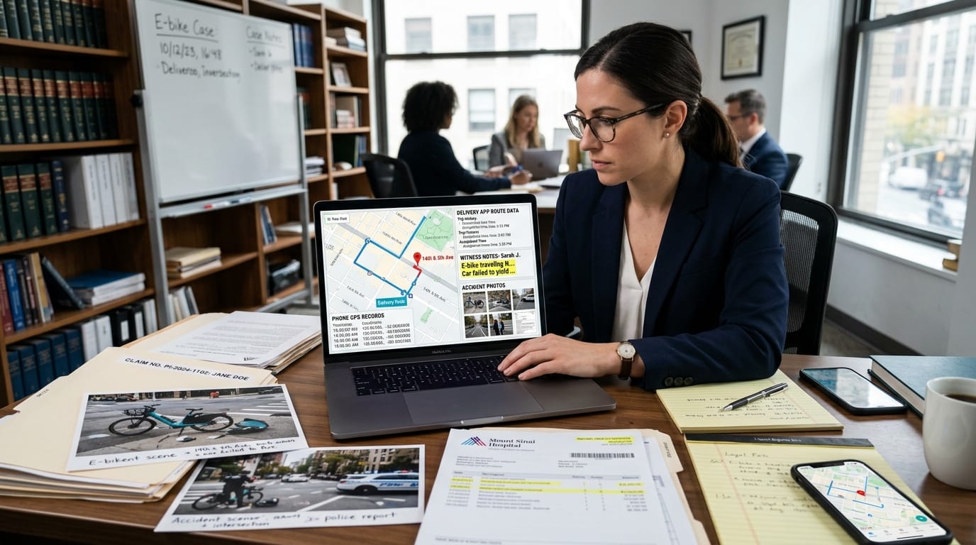 Attorney reviewing evidence for a food delivery e-bike accident claim