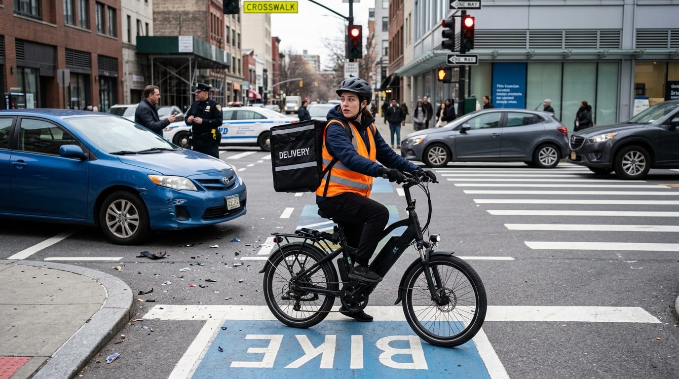 Delivery e-bike rider near intersection where accident evidence may affect liability