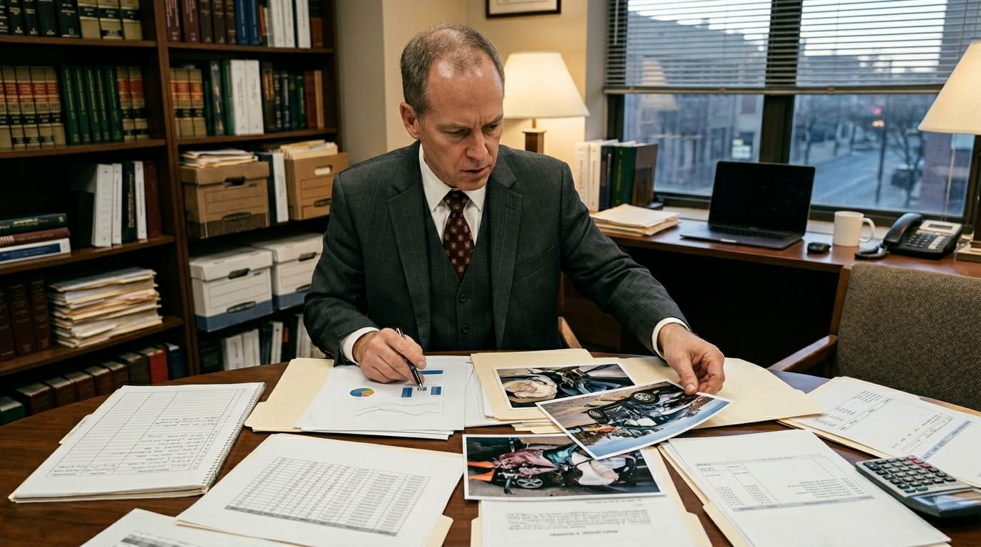 Lawyer reviewing vehicle data and sensor records for an automatic braking crash claim