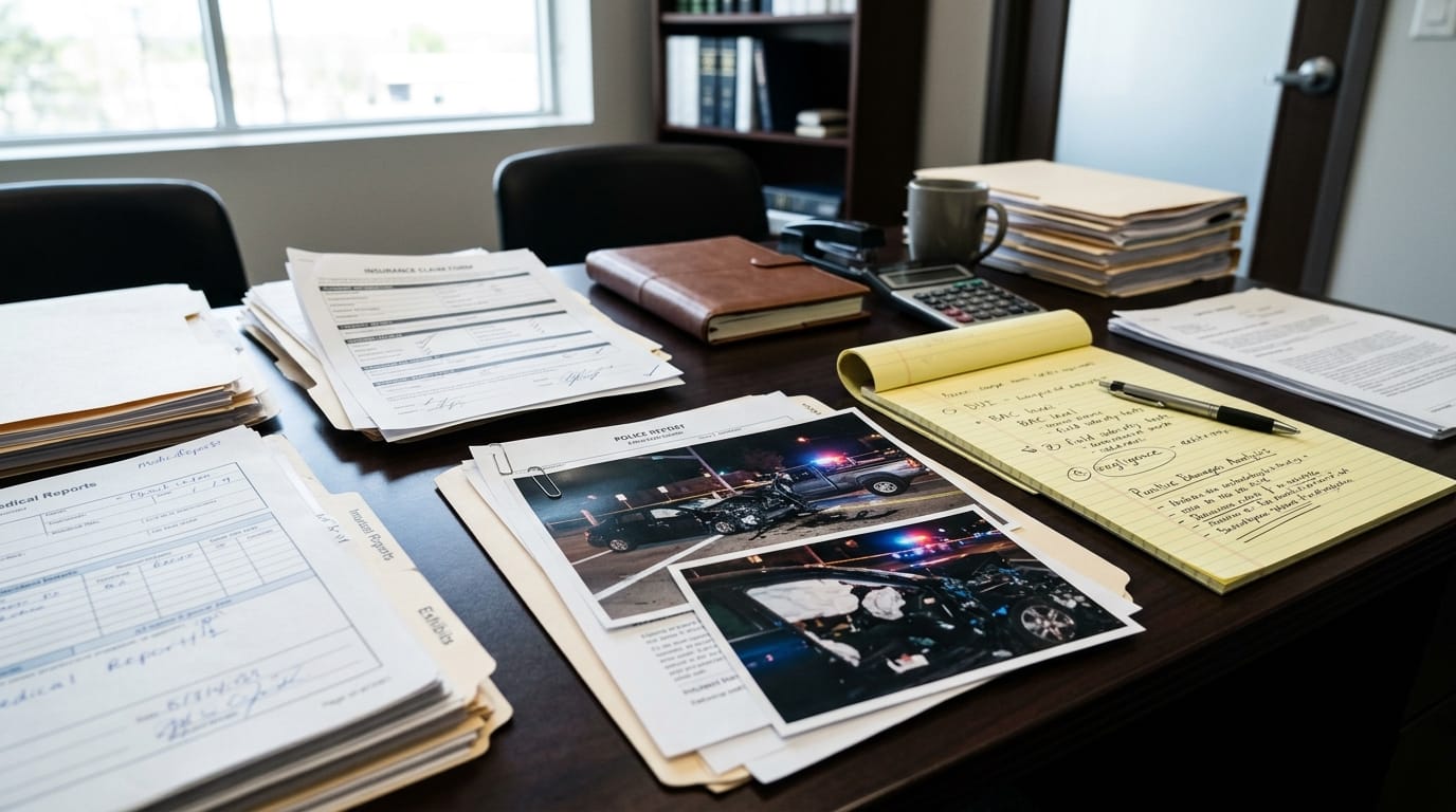 California DUI claim documents with medical records, insurance papers, and punitive damages notes