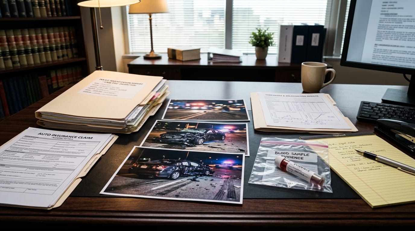 California DUI claim evidence with police report, chemical test records, and crash photos