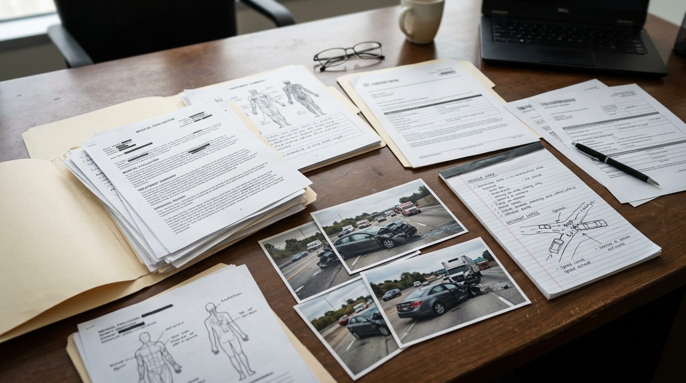 California wrong-way claim documents with medical records, insurance papers, and crash evidence