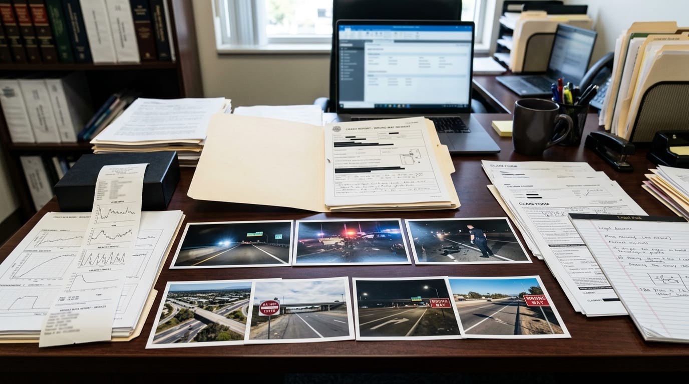 California wrong-way claim evidence with black box data, freeway ramp photos, and police report