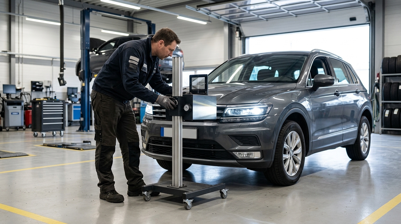 Technician inspecting LED headlight alignment and beam height for safe nighttime driving